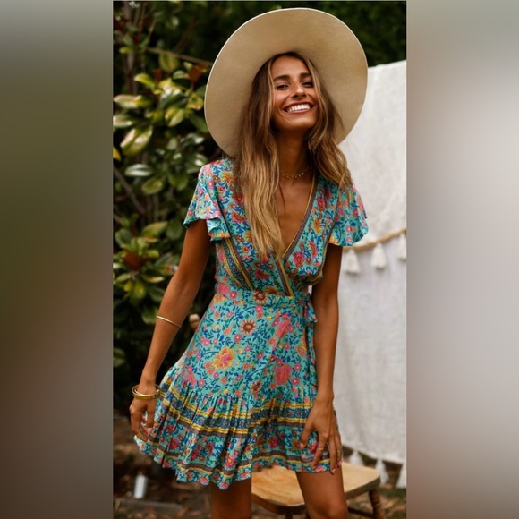 Polly V-Neck Floral‎ Print Ruffle Wrap Mini Dress Blue Pink Bohemian Size 2 - Picture 2 of 16